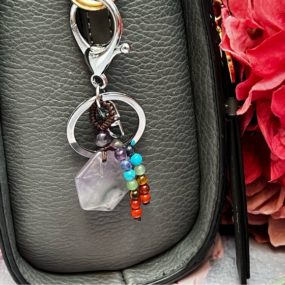 Natural Amethyst Hexagon Stone with Rainbow Chakra Keychain Charm - Picture 3 of 16
